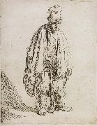 Beggar in a high cap,Standing and Leaning on a stick